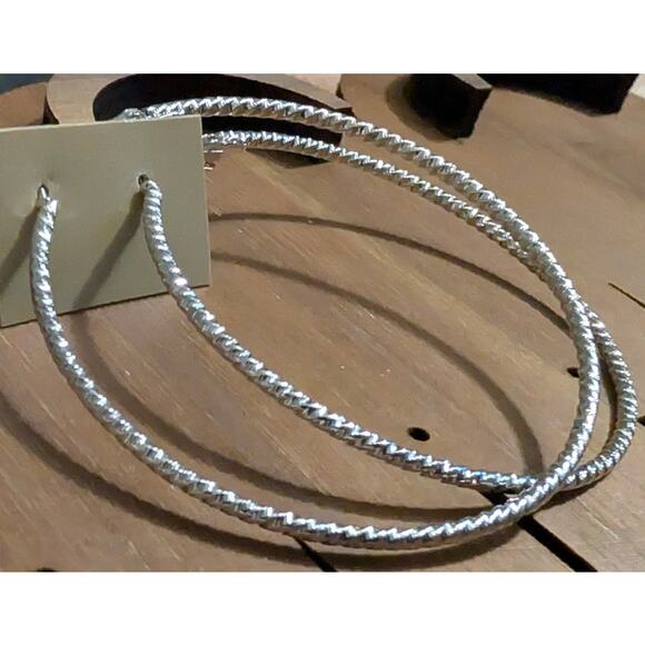 BUNDLE ONLY New Silver Tone Pierced Earrings 2.25 inch Hoops Textured Edges - Picture 2 of 3